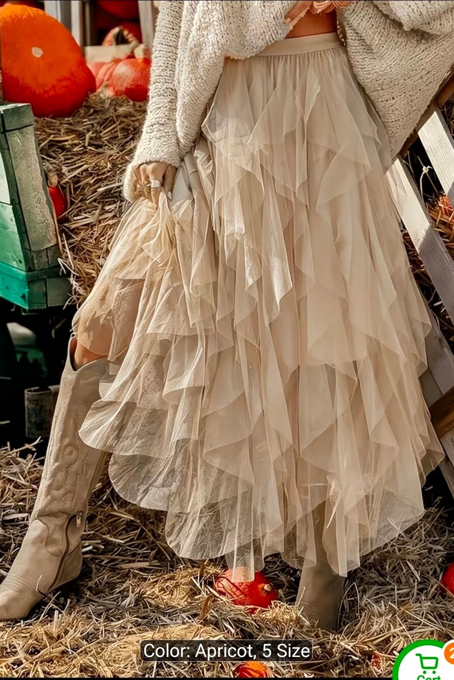Women Layered Tulle Skirt Beige Ruffled Elastic Waist xxl western boho